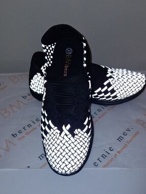 bernie mev. Black and White Woven Slip-On Loafers